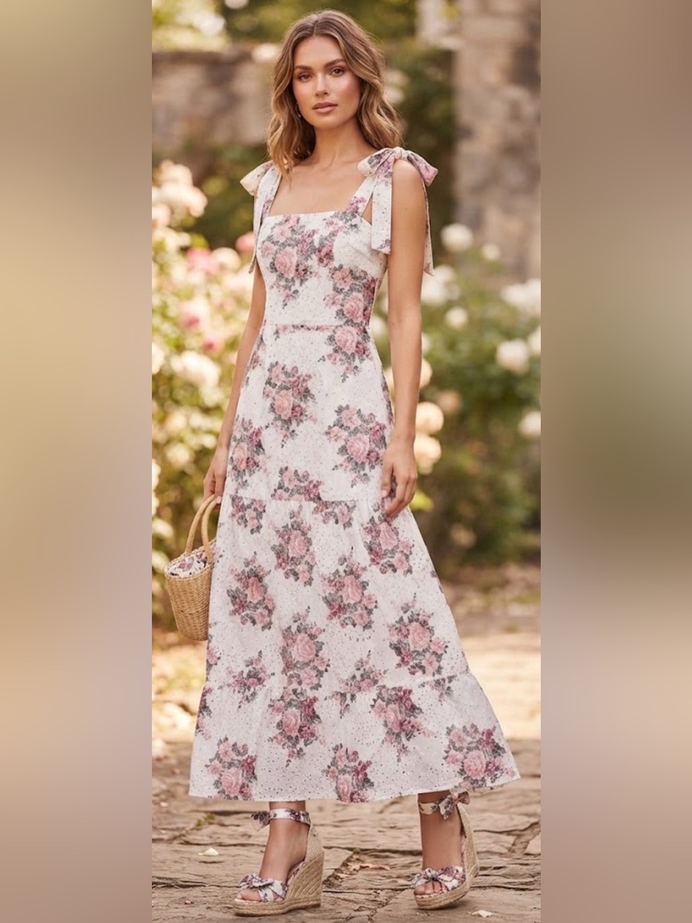 Sunday Up  Floral Embroidered Tie-Shoulder Maxi Dress